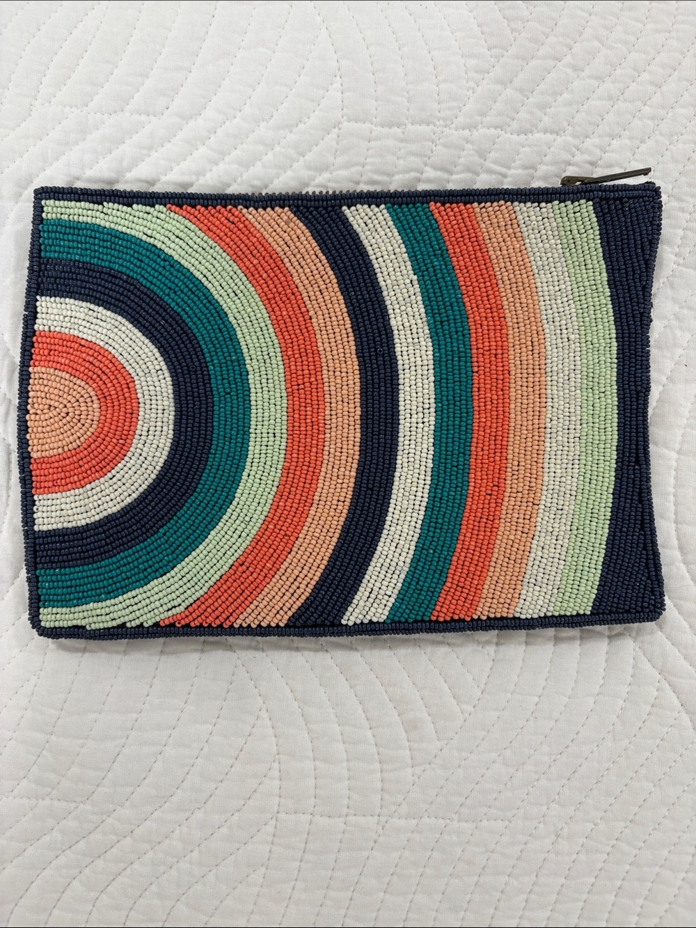 Zinc & ALLOY Beaded Zip Pouch in Navy with Coral, Teal, Mint Stripes